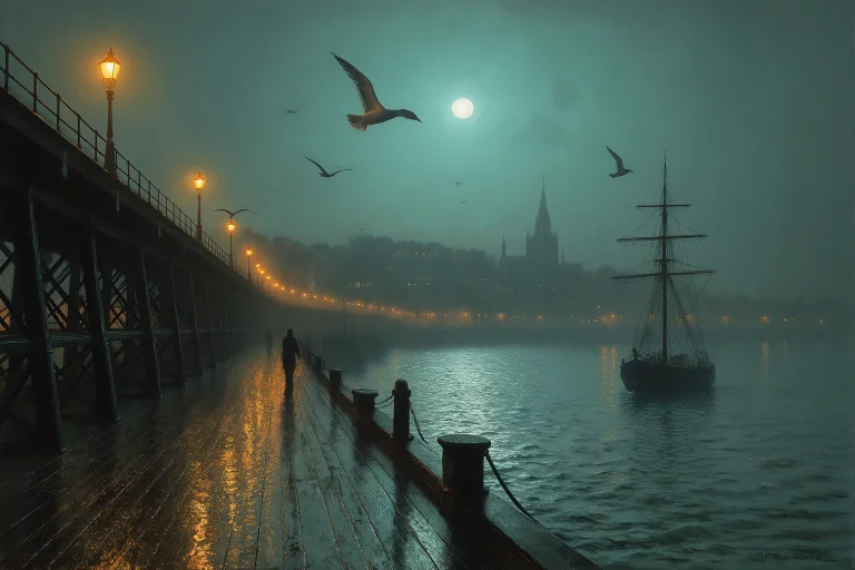 In The Manner Of Grimshaws Moonlit Visions, Harbor Pier Head...