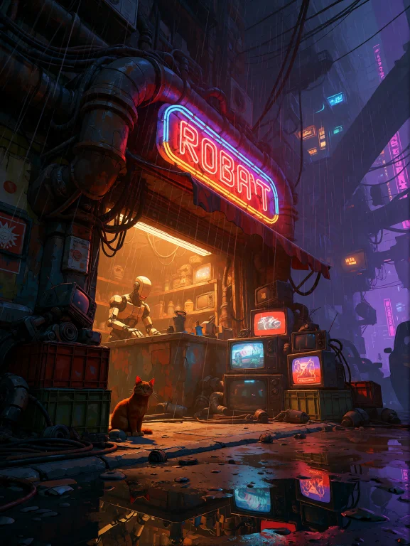 A Small Orange Cat Sitting Beneath A Flickering Neon Awning...