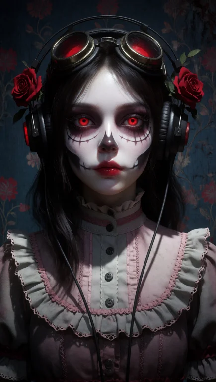 A Young Girl With Pale, Smooth Skin And A Stylized Skull-lik...
