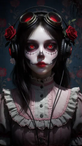 A Young Girl With Pale, Smooth Skin And A Stylized Skull-lik... — Stable Diffusion AI Prompt: A young girl with pale, smooth skin and a stylized skull-like face paint featuri...