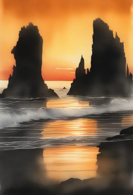 Sea Stacks Silhouetted Against A Burning Sunset, Ink Wash Pa...