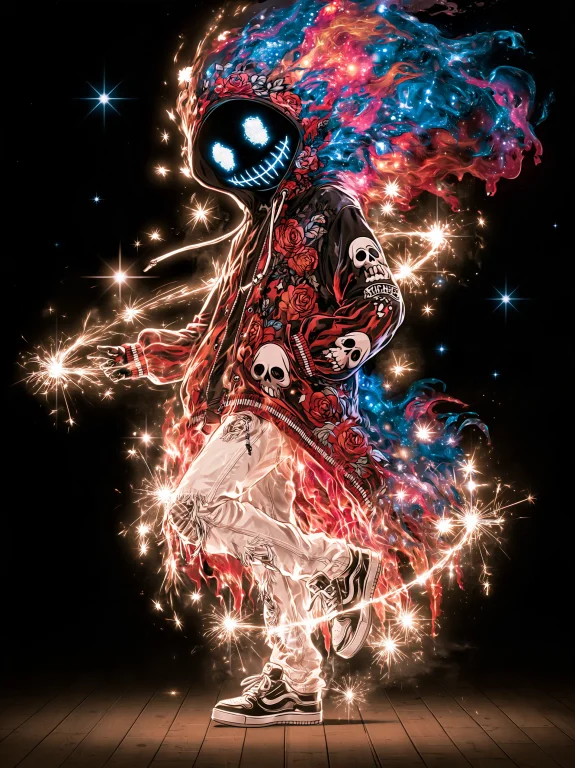 A Mysterious Adult Streetwear Figure Dancing Against A Pure...