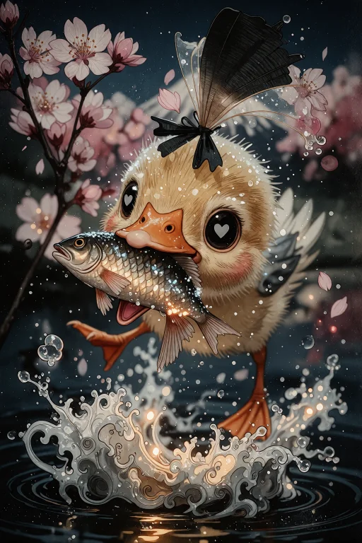 A Whimsical, High-detail Vertical Scene Of A Fluffy Duckling...