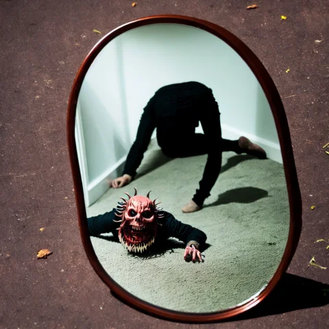 Faceless Demon Crawling Out Of A Mirror — Stable Diffusion AI Prompt: Faceless demon crawling out of a mirror