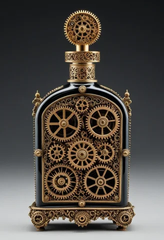 An Antique Perfume Bottle Made Entirely Of Intricate Brass A... — SDXL AI Prompt: An antique perfume bottle made entirely of intricate brass and copper gears, orn...