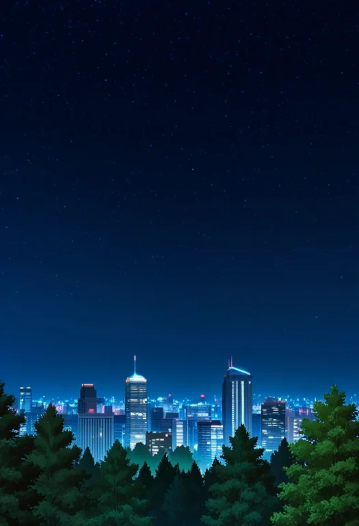 Park, Trees Close Up, Night, City In The Background, Anime S...
