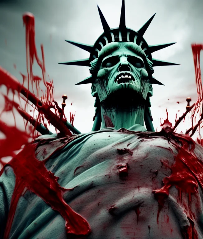 Wide Shot Of The Statue Of Liberty With A Spear In The Heart...