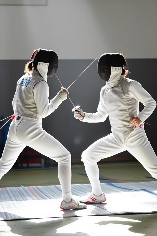 Two Fencers In A Lunge And Parry, Blades Crossed Sparking, O...