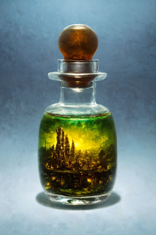 A Fantastical Potion Bottle Containing A Tiny City, Colorful...