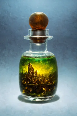 A Fantastical Potion Bottle Containing A Tiny City, Colorful... — Stable Diffusion AI Prompt: a fantastical potion bottle containing a tiny city, colorful, magic, (workshop:1...