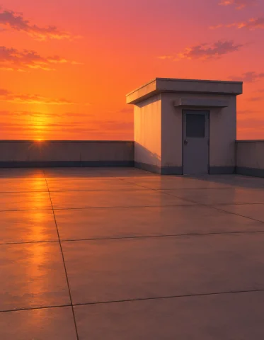 Loratraining2617621-20260928102825704-w1b01 Z1os, Z1os, Empt... — Stable Diffusion AI Prompt: z1os, z1os, empty flat rooftop at sunset, warm gray concrete floor with large s...