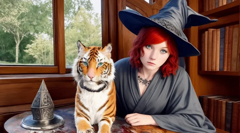 Painting Medieval Witch And Her Cattiger0.63, Green-grey Loo...