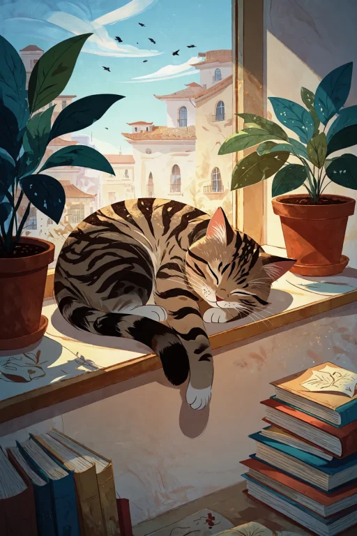 A Tabby Cat Curled Asleep On A Sunny Windowsill, One Paw Han...