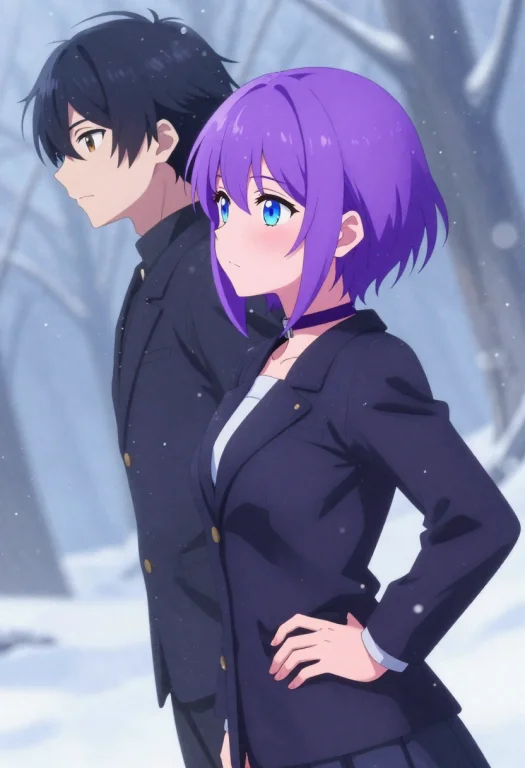 1girl, 1boy, Short Hair, Purple Hair, Blue Eyes, Choker, Blu...