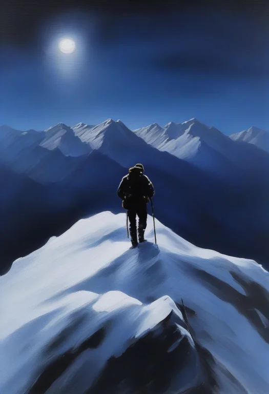 A Mountaineer Silhouetted On A Snowy Ridge, Acrylic Painting...