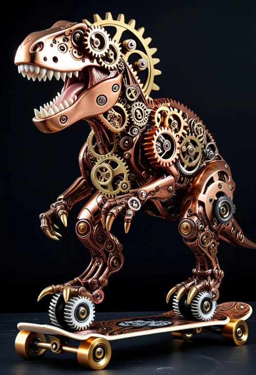 Gearstyle, A T-rex Riding A Skateboard, Intricate Interlocki...