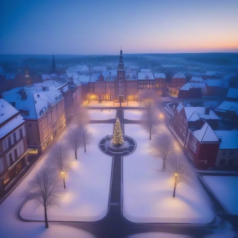 A Snowfall Settling Over A Silent Town Square, Aerial Drone...