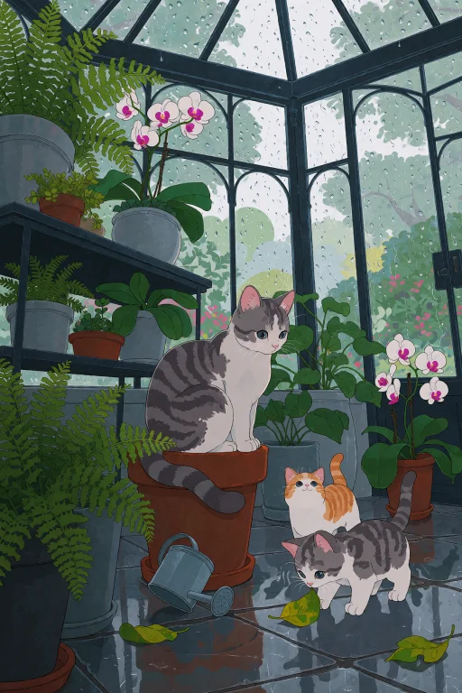 A Mother Cat Sits On A Terracotta Pot Inside A Glass Conserv...