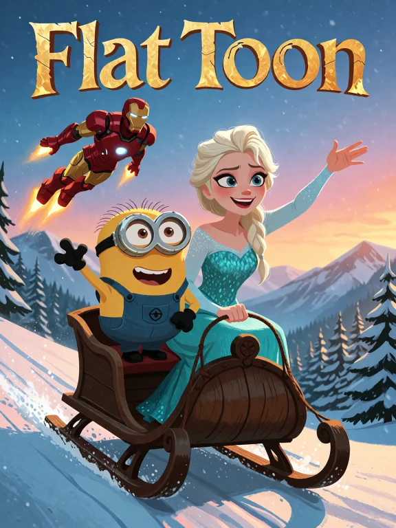 A Minion And Elsa From Frozen Are On A Sled, Riding Down A H...