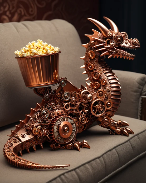 A Small Clockwork Dragon Made Of Copper Gears, Lounging On A...