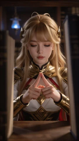 蕾娜,深夜的魔法图书馆内，一盏幽蓝的魔法浮灯悬在半空照亮了狭... — Stable Diffusion AI Prompt: 蕾娜,深夜的魔法图书馆内，一盏幽蓝的魔法浮灯悬在半空照亮了狭窄的阅读台缝隙，镜头...