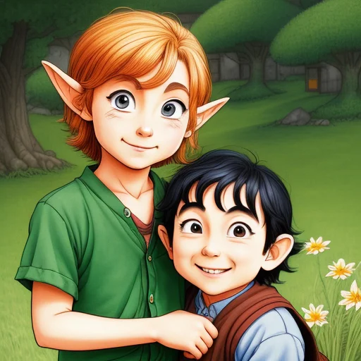 A Cartoon Front Portrait Of A Hobbit Mother And Son, By Akir...