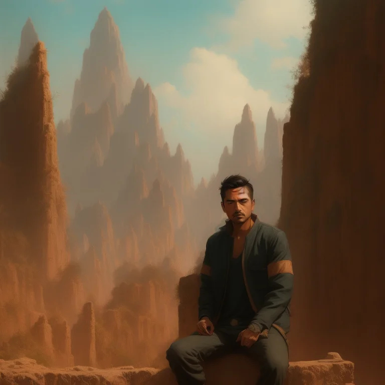A Man Wearing A Bomber Jacket Sitting In Ancient Ruins, Prot...