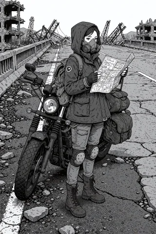 A Medium-wide Shot Of A Young Female Scavenger In A Hooded A... — Stable Diffusion AI Prompt: A medium-wide shot of a young female scavenger in a hooded A line jacket, weist...