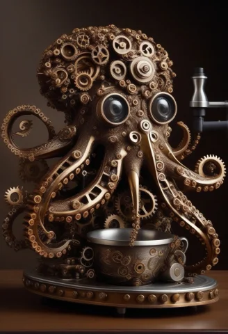 Gearstyle, A Mechanical Octopus Built From Interlocking Bras... — SDXL AI Prompt: gearstyle, a mechanical octopus built from interlocking brass and copper cogs wo...