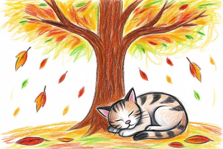 A Crayon Drawing. A Cat Sleeping Under A Tree. Autumn Leaves...