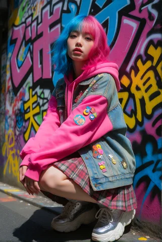 Closeup Of A Trendy Japanese Woman Poses With Confident Ener... — Stable Diffusion AI Prompt: closeup of A trendy Japanese woman poses with confident energy against a vibrant...