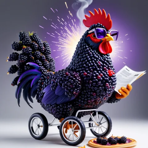 Blackberryworld, A Hilarious Surrealist Digital Illustration... — SDXL AI Prompt: blackberryworld, ​A hilarious surrealist digital illustration of a hybrid rooste...