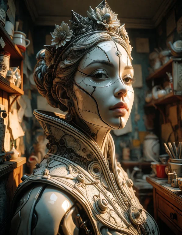A Serene Synthetic Woman Crowned With Mechanical Petals, Wit...