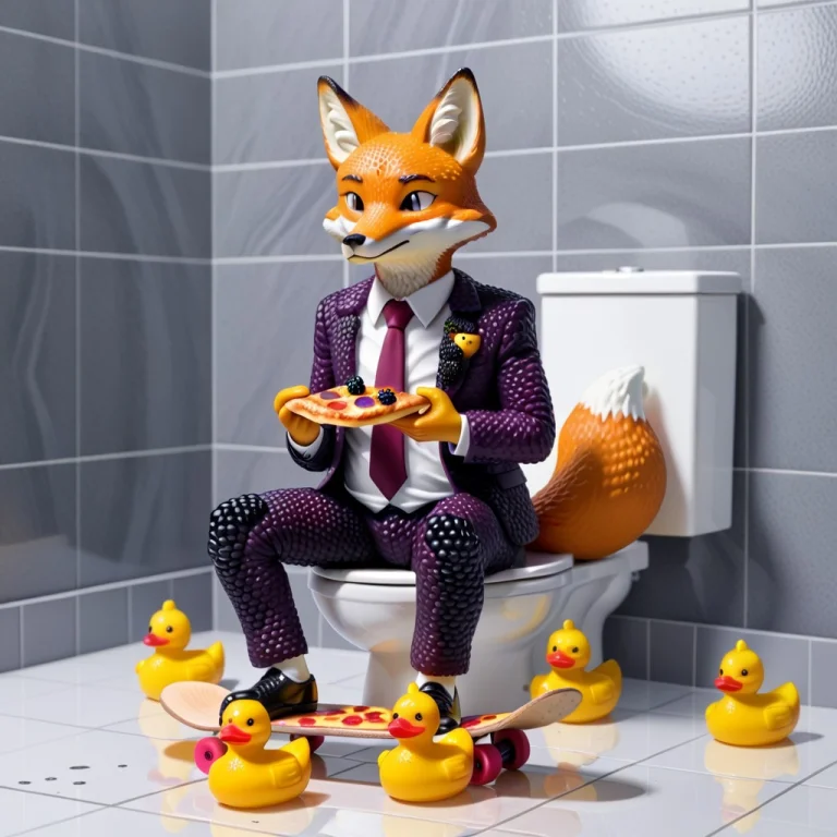 A Fox In Suit Blackberry Is Sitting On The Toilet Eating Piz...