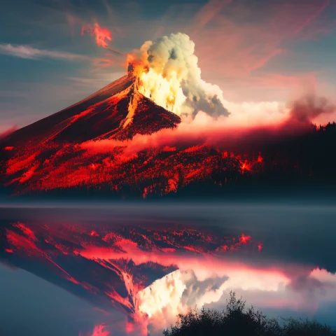 Dblx Volcano Exploding Violently With Giant Plumes Of Colorf... — Stable Diffusion AI Prompt: dblx volcano exploding violently with giant plumes of colorful smoke, the sky is...