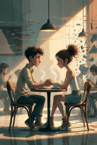 Strangedaal. A Photorealistic Young Couple Sits At A Cozy Ca... — Stable Diffusion AI Prompt: StrangeDaal. A photorealistic young couple sits at a cozy cafe table, holding ha...