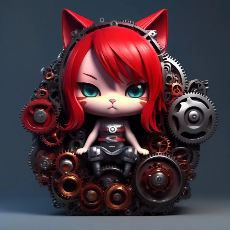 A 3d Chibi Anime Red Hair Cat Girl Lay On A Gear Box Made Of...