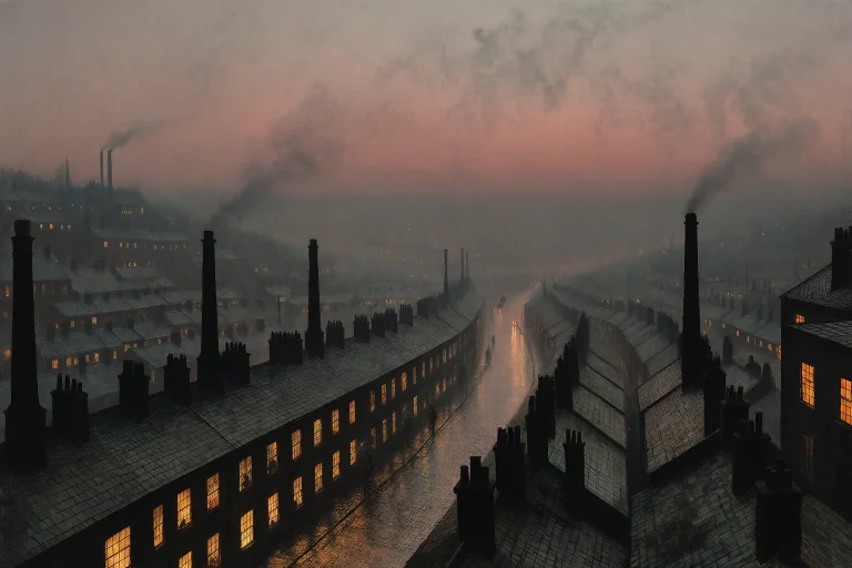 John Atkinson Grimshaw Style, Wide Mill-town Valley At Dusk...