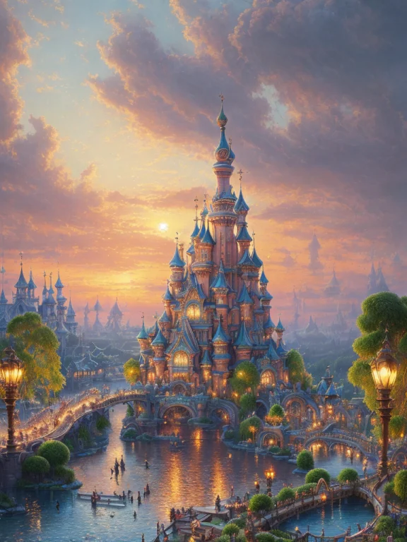 A Theme Park At Sunset, People, Intricate, Water, River, Top...