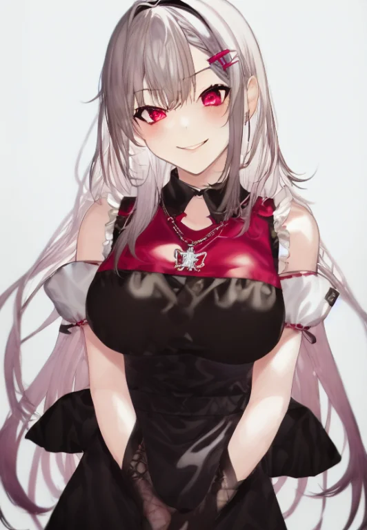 1girl, By Kayahara, Smile, Long Hair, Dark Dress, Upper Body...