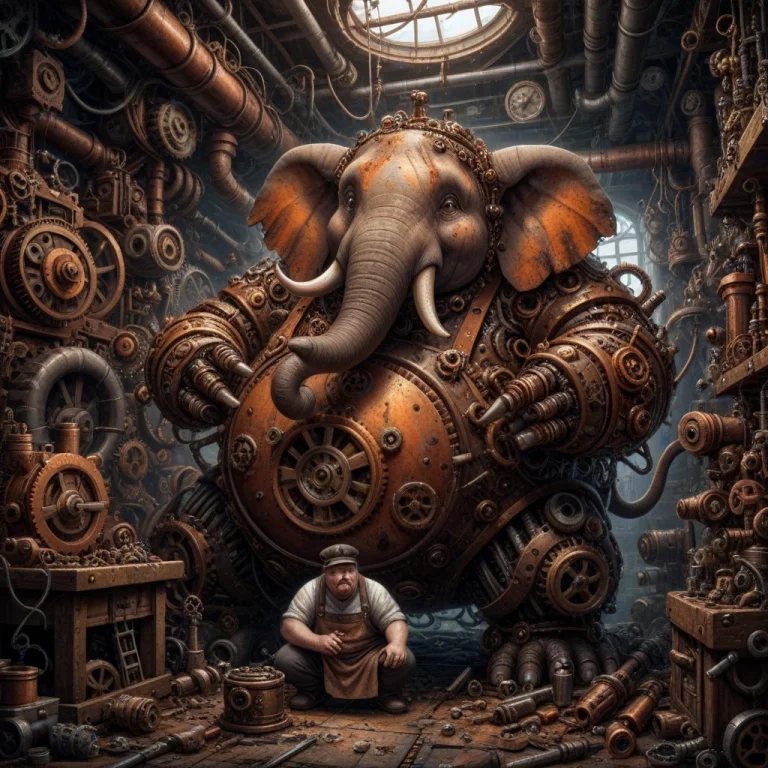 A Chubby, Clumsy Elephant Wearing A Mechanics Apron, Attempt...