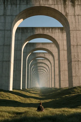 Midjourney Endless Tunnel Of Giant Stacked Concrete Arches,... — Stable Diffusion AI Prompt: midjourney Endless tunnel of giant stacked concrete arches, receding deep into t...