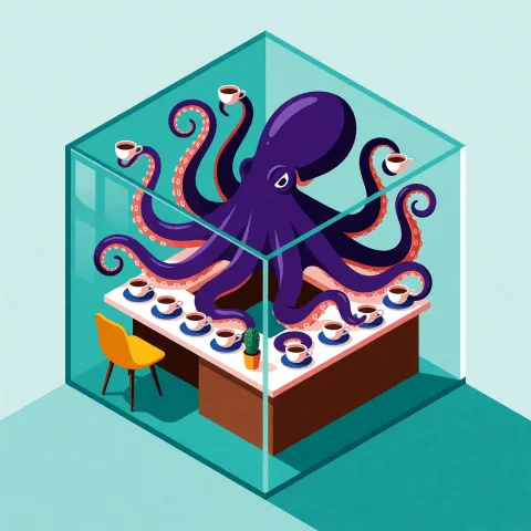 Vector Flat Design Illustration Of An Elegant Purple Octopus... — Stable Diffusion AI Prompt: Vector flat design illustration of an elegant purple octopus operating an imposs...