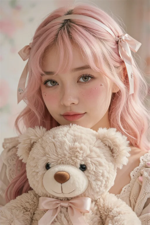 A Cute Woman With Soft Pastel Pink Hair And Gentle Blush Mak...