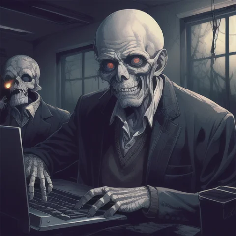 An Old Man In An Office, Zombie, Rotting, Skeletal Jaw, Typi... — Stable Diffusion AI Prompt: An old man in an office, zombie, rotting, skeletal jaw, typing on computer, depr...