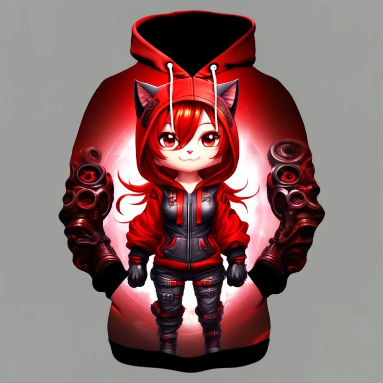 A 3d Chibi Anime Red Hair Cat Girl Wear Gear Hoodie Made Of...
