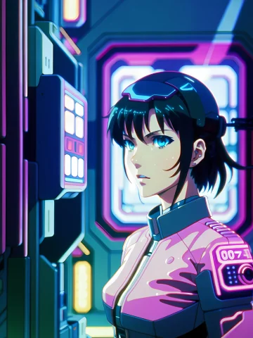 Shot Angles - Eye-level Shot, Ghost In The Shell In The Styl... — Stable Diffusion AI Prompt: Shot Angles - eye-level shot, ghost in the shell in the style of 90's vintage an...