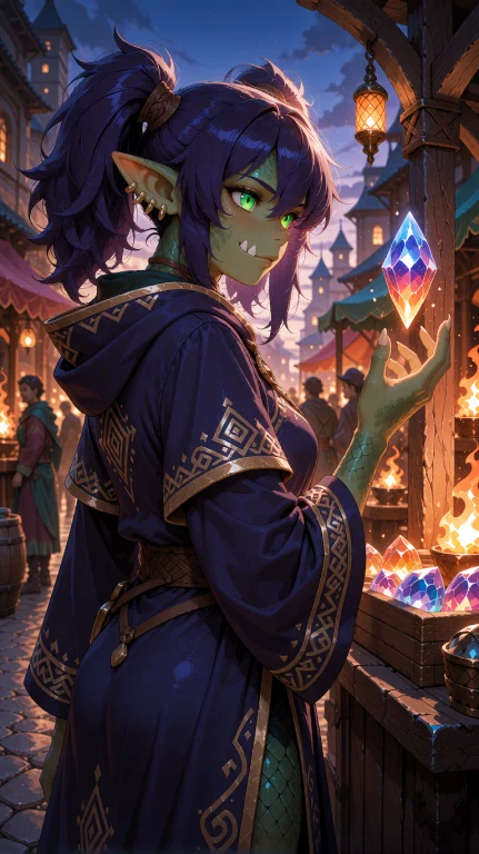An Adult Orcish Adventurer With Indigo Twin Tails Bound With...