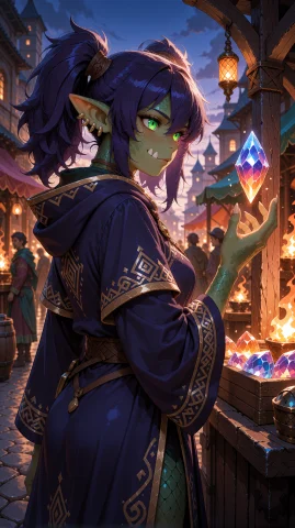 An Adult Orcish Adventurer With Indigo Twin Tails Bound With... — Stable Diffusion AI Prompt: An adult orcish adventurer with indigo twin tails bound with leather cords, lumi...