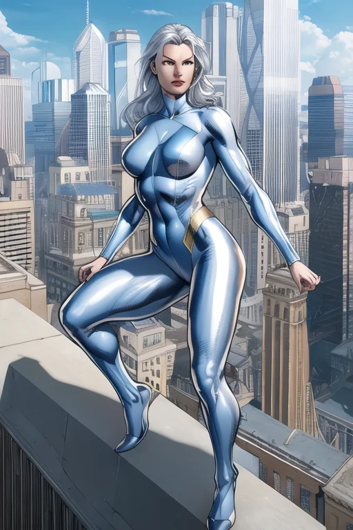 Best Quality, 1 Woman, Silver Catsuit, Heroic Pose, On Top O...